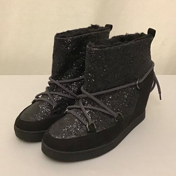 Juicy Couture 8.5 Women’s Glitter Suede Wedge Ankle Boots Black Faux Fur Lined - Picture 11 of 11